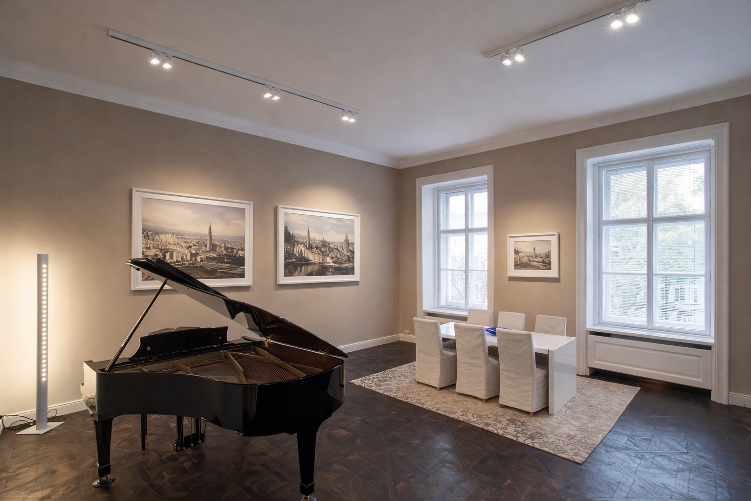 Dining salon with grand piano and chandelier